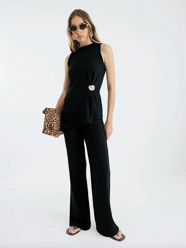 Shelly Set - Loose fit sleeveless vest and wide leg pants